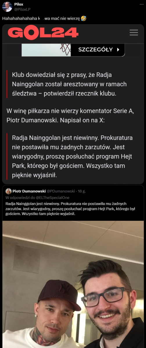 HIT! Piotr Dumanowski ''broni'' na X Nainngolana, a PORTAL NEWSOWY... xD